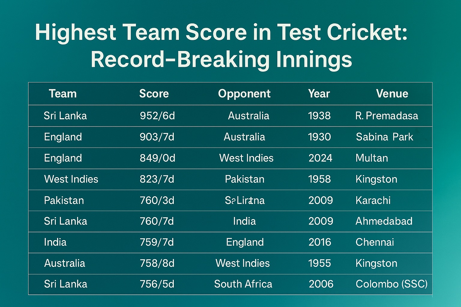 WHICH IS THE HIGHEST TEAM SCORE IN TEST CRICKET visual data 2
